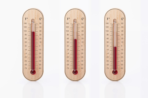Thermometers With Different Heat Temperatures isolated on white background.  Horizontal composition with copy space. Front view.