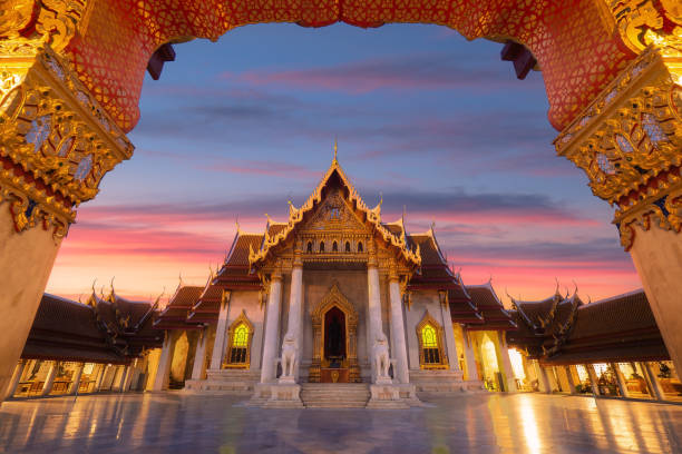 The Marble Temple of Thailand,Wat Benchamabophit with twilight sky, Bangkok, Thailand. stock photo
