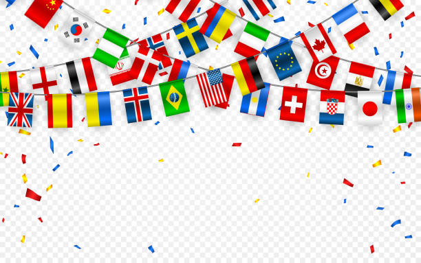 ilustrações de stock, clip art, desenhos animados e ícones de colorful flags garland of different countries of the europe and world with confetti. festive garlands of the international pennant. bunting wreaths. vector banner for celebration party, conference - bandeira nacional