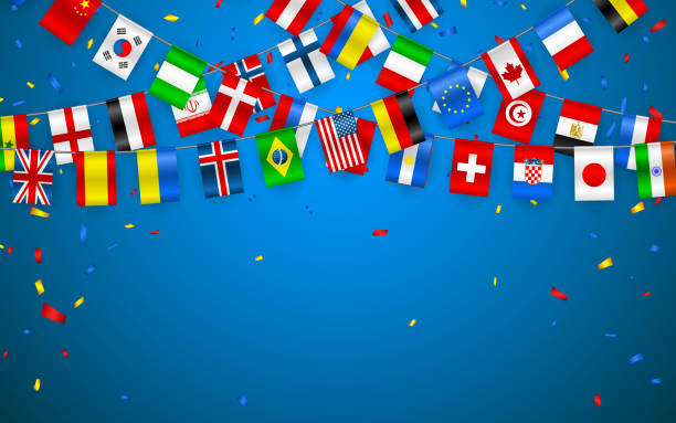 Colorful flags garland of different countries of the europe and world with confetti. Festive garlands of the international pennant. Bunting wreaths. Vector banner for celebration party, conference Colorful flags garland of different countries of the europe and world with confetti. Festive garlands of the international pennant. Bunting wreaths. Vector banner for celebration party, conference. national flag stock illustrations