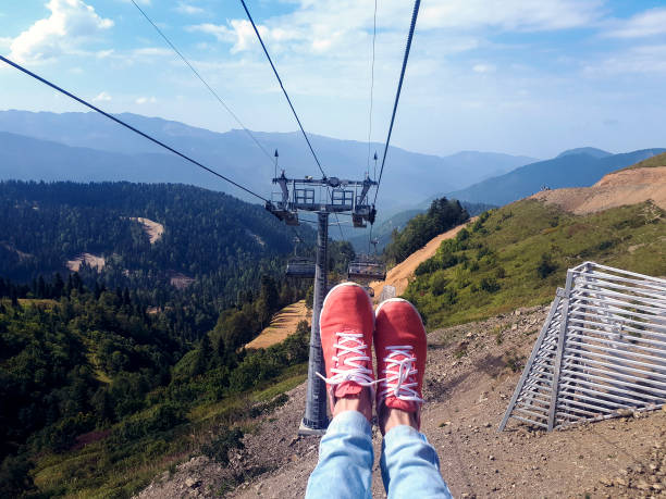 Girl ski lift feet forward Krasnaya Polyana Sochi 01/09/2018