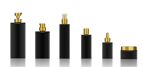 istock Mock up Realistic Black Cosmetic Soap, Shampoo, Cream, Oil Dropper and Spray Bottles Set for Skincare Product with Gold Cap on white Background Illustration 1033868974