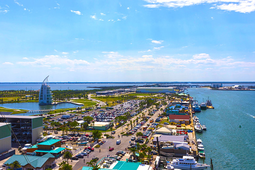 Cape Canaveral, USA - April 29, 2018: The arial view of port Canaveral at Cape Canaveral, USA on April 29, 2018