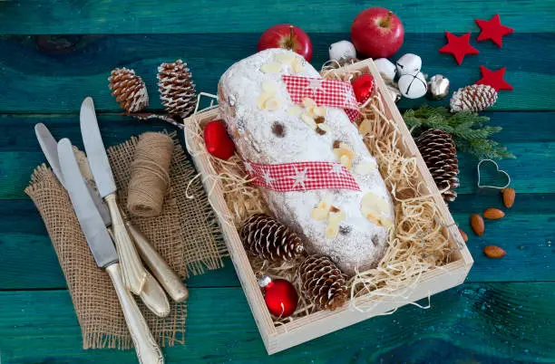 christmas cake christmas stollen in wooden box with christmas decoration