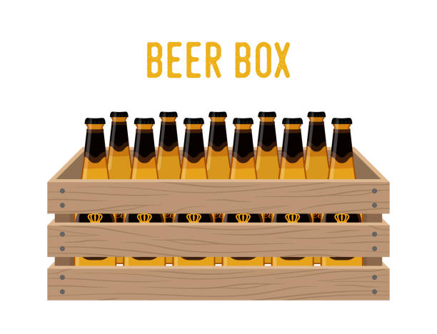 Vector cartoon box with beer bottles. Grocery basket with alcohol drink Vector cartoon box with beer bottles. Grocery basket with alcohol drink. Storehouse crate with beverage. Wooden container with products. Delivery, transportation package. beer crate stock illustrations