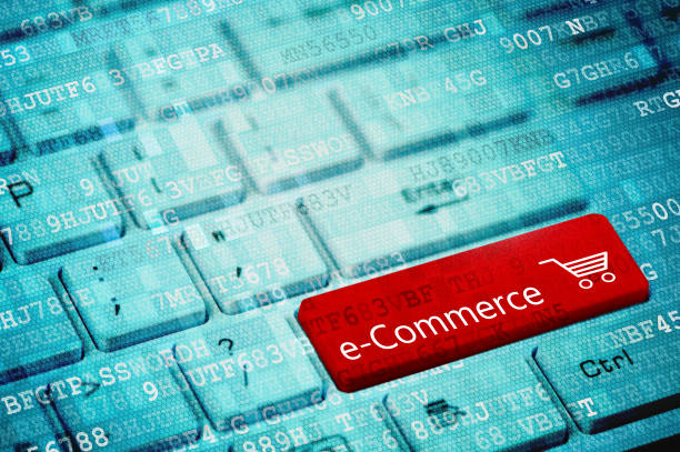 istock Red key with text e-Commerce and padlock icon on blue digital laptop keyboard 1033878200