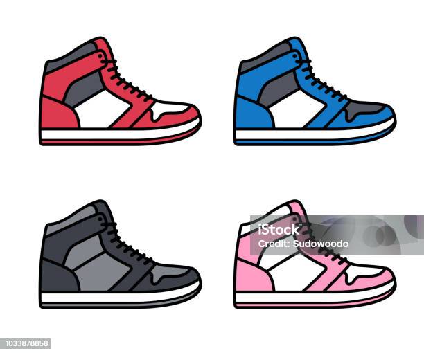 Hoge Top Sneakers Set Stockvectorkunst en meer beelden van Sportschoen - Sportschoen, Pictogram, Basketbalschoen