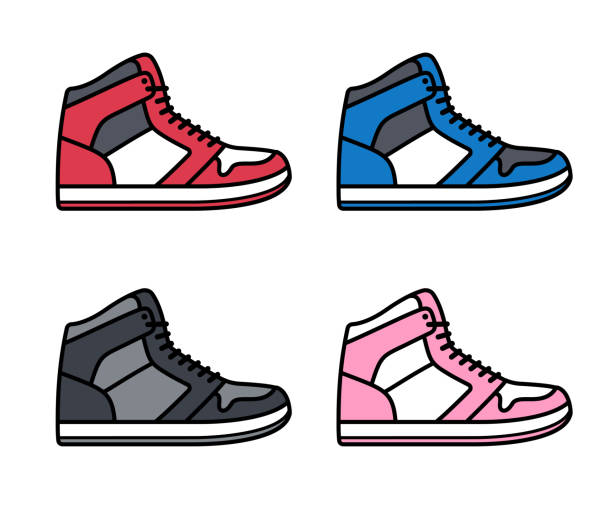 High top sneakers set Sports shoe icon set. High top sneakers in different colors. Isolated vector illustration. high tops stock illustrations
