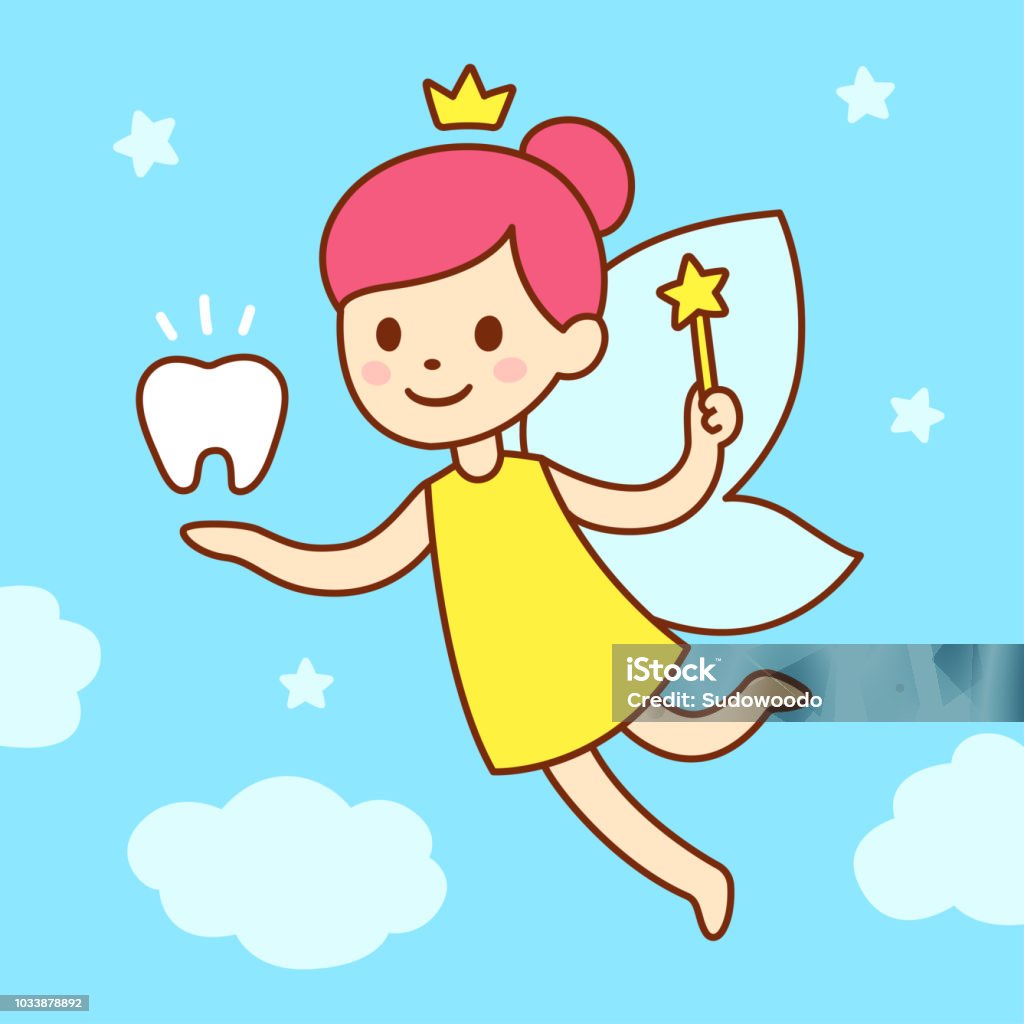 Cute cartoon tooth fairy Cute little tooth fairy with wings, magic wand and a tooth. Cartoon vector illustration. Tooth Fairy - Fictional Character stock vector