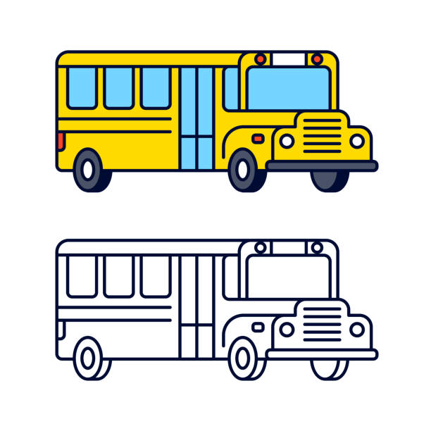 School bus illustration Yellow school bus line icon, color and black and white. Isolated clip art vector illustration in flat cartoon style. field trip clip art stock illustrations