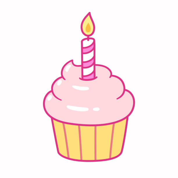 Cupcake with birthday candle Cute pink cupcake with birthday candle, cartoon drawing. Isolated vector illustration. cupcake candle stock illustrations