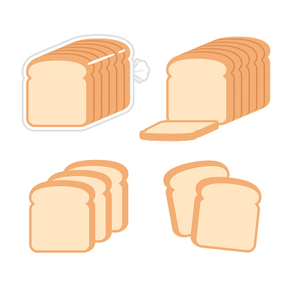 Sliced white sandwich bread illustration set. Toast slices and loaf in bag. Simple modern flat vector style.
