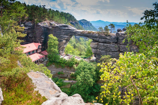Famous rocks in Czech Republic Pravcicka brana the largest natural sandstone arch in Europe in Czech Switzerland pravcicka stock pictures, royalty-free photos & images