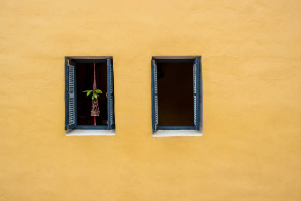 stare okno z wiszącą dekoracją doniczki na żółtej ścianie tradycyjnego rocznika - plant orange wall architecture zdjęcia i obrazy z banku zdjęć