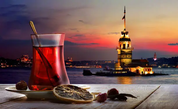 Turkish tea in the background of the maiden tower in Istanbul
