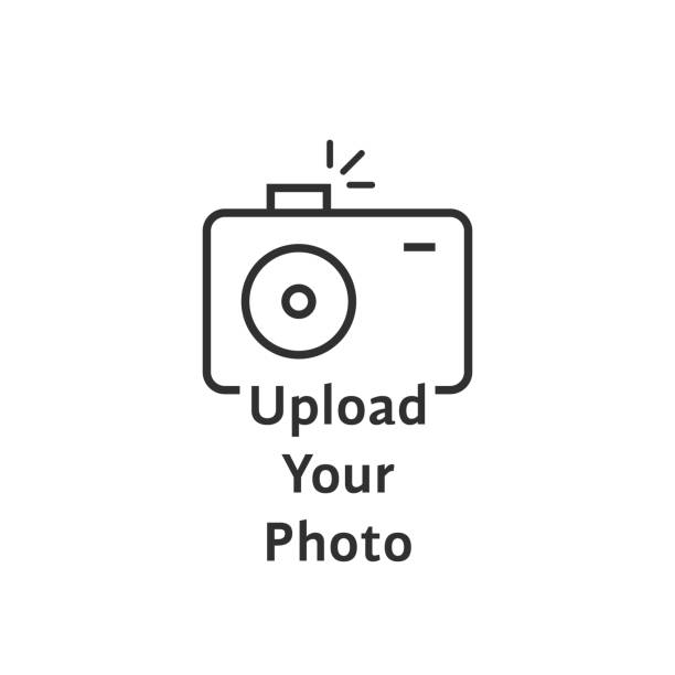 thin line black camera like upload your photo thin line black camera like upload your photo. graphic art design element isolated on white background or linear style trend. web ui symbol of transfer for photographic gallery concept loading photos stock illustrations