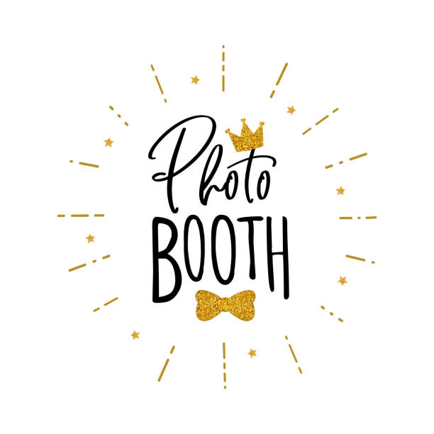 Photo booth props sign. Photo booth lettering. Design in hipster style. Hand drawn words on white background.  Sign for wedding photo booth props. Icon with crown. photo booth stock illustrations