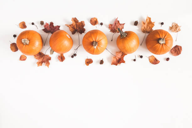 istock Autumn composition. Pumpkins, dried leaves on white background. Autumn, fall, halloween concept. Flat lay, top view, copy space 1033890052