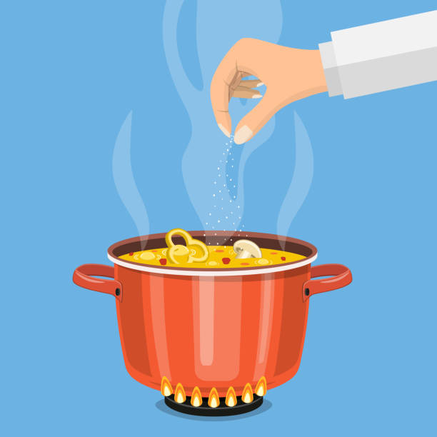ilustrações de stock, clip art, desenhos animados e ícones de pan on the fire, a pot of soup, - saucepan fire steam soup