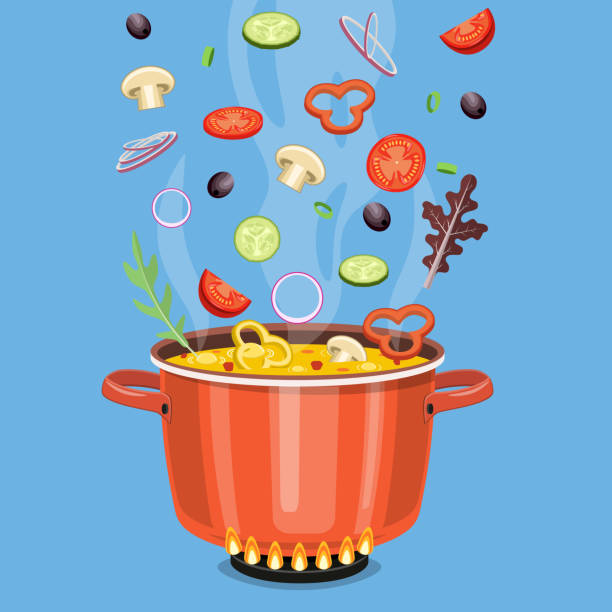 ilustrações, clipart, desenhos animados e ícones de conceito de cozinha. no fogão, ferver a sopa - saucepan fire steam soup