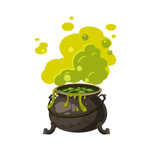 Witches cauldron, kettle with poisonous smoke, steam, boils, holiday attribute of All Saints Halloween, vector, isolated, cartoon style Witches cauldron, kettle with poisonous smoke, steam boils bewitchment stock illustrations