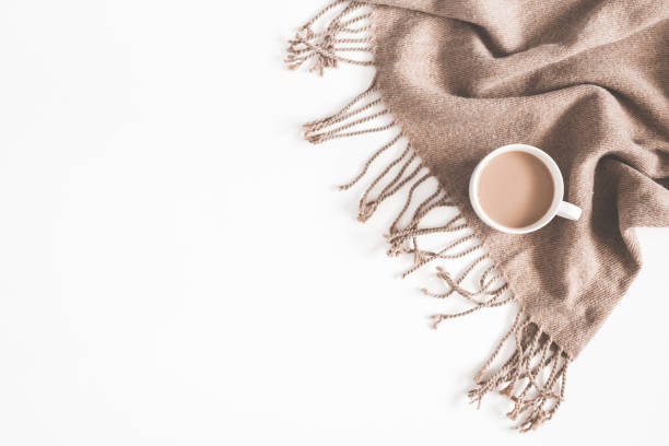 istock Autumn composition. Cup of coffee, plaid on white background. Autumn, fall concept. Flat lay, top view, copy space 1033903264