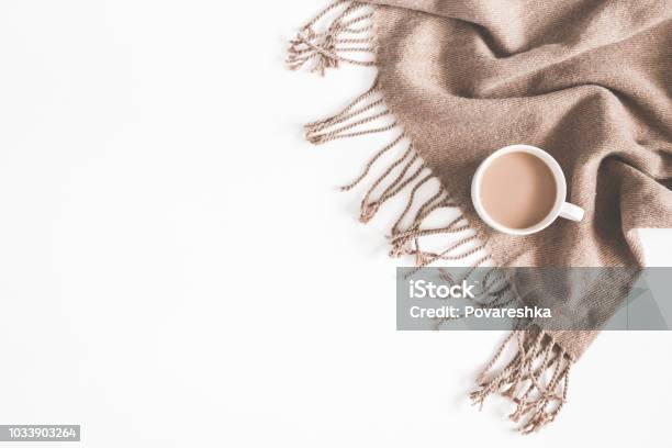 Autumn Composition Cup Of Coffee Plaid On White Background Autumn Fall Concept Flat Lay Top View Copy Space Stock Photo - Download Image Now