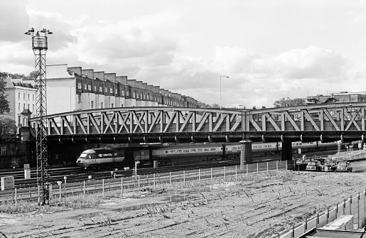 Inter City train passing under Ranelagh Bridge as it approaches Paddington Station. London, October 3rd, 1986.