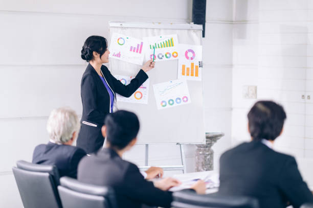 istock Woman leader  discussing analyzing and planning strategy business on graph and chart on Board.People of employeer sitting in a meeting and listen speaker present a new ideas to success 1033918126
