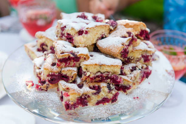 Cherry home pie at buffet table outdoors