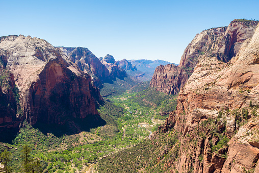 The view from Angel's Landing in Zion National park. View over valley in Zion National park.