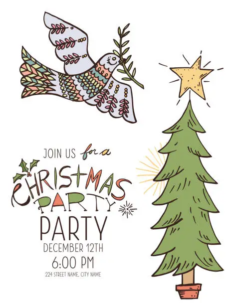 Vector illustration of Hand Drawn Vintage Christmas Party Invitation