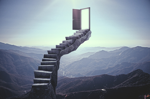 Abstract stairs with open door on landscape background. Opportunity concept. 3D Rendering