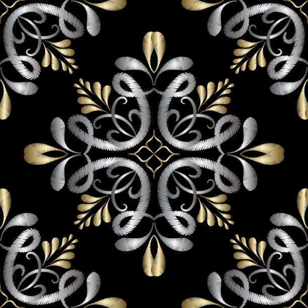 damast vektor nahtlose stickmuster. gobelin ornamentalen floralen hintergrund. gestickte verzierung im ethno-stil. abstract grunge-paisley-blumen, blätter, wirbelt. strukturierte kunstvollen design - gold leaf backgrounds gold ornate stock-grafiken, -clipart, -cartoons und -symbole