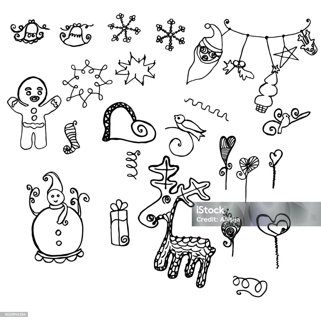 Doodling New Years elements decorative objects miscellaneous Little man cookie sketch snowman Christmas decorative simple objects isolated white background stylized stars hearts christmas deer snowflakes bells different pendants Santa claus head Animal Body Part stock vector