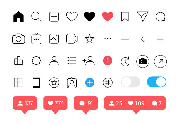 социальные медиа иконки набор. как, последователь, комментарий, дом, камера, пользователь, поиск. векторная иллюстрация на белом фоне. - иконки социальных сетей stock illustrations