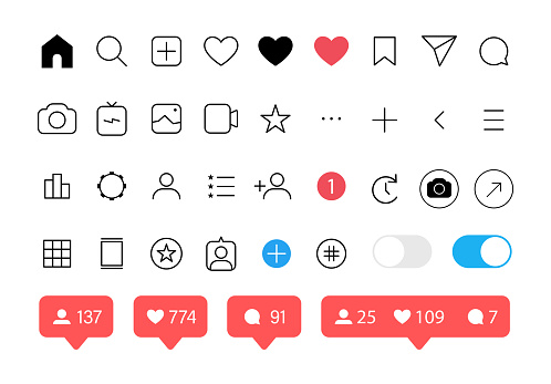 Social media icons set. Like, follower, comment, home, camera, user search Vector illustration on white background
