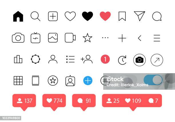 Social Media Icons Set Like Follower Comment Home Camera User Search Vector Illustration On White Background Stock Illustration - Download Image Now