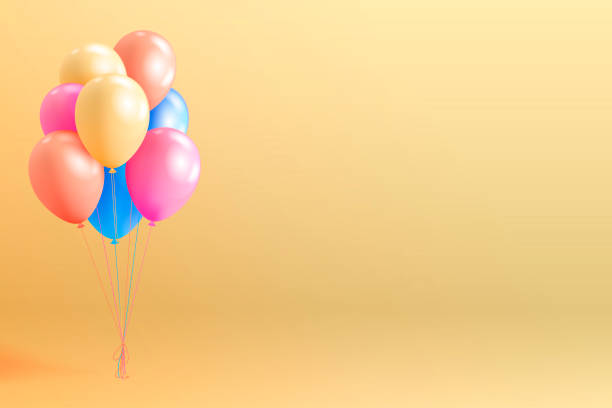 istock Set of realistic glossy helium balloons floating on yellow background. Vector 3D balloons for birthday, party, wedding or promotion banners or posters. Vivid illustration in pastel colors. 1033954062