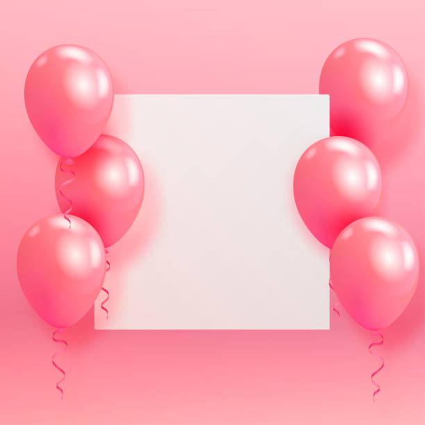 istock Realistic glossy helium balloons and paper floating on pink background. Vector 3D balloons for birthday, party, wedding or promotion banners or posters. Vivid illustration in pastel colors. 1033954090