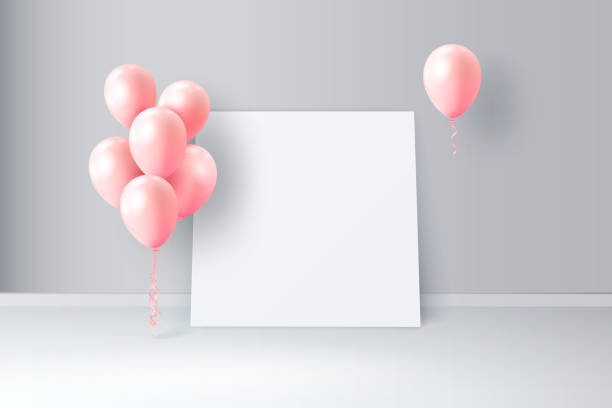 istock Vector interior scene with glossy balloons and big white piece of paper. Background with empty space for birthday, party banners, text 1033954134