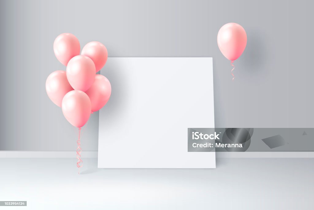 Vector interior scene with glossy balloons and big white piece of paper. Background with empty space for birthday, party banners, text Balloon stock vector