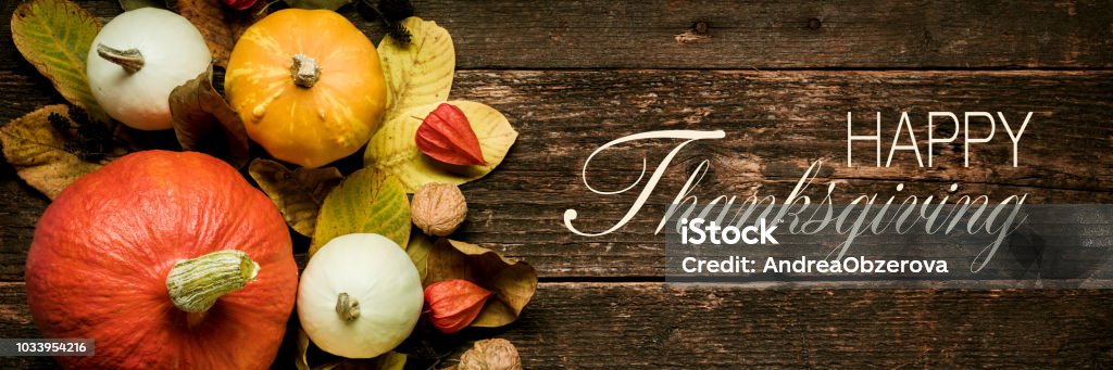 Autumn Harvest and Holiday still life. Happy Thanksgiving Banner. Selection of various pumpkins on dark wooden background. Autumn vegetables and seasonal decorations. Thanksgiving - Holiday Stock Photo