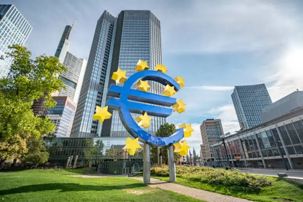 Old ECB building with euro symbol in Frankfurt