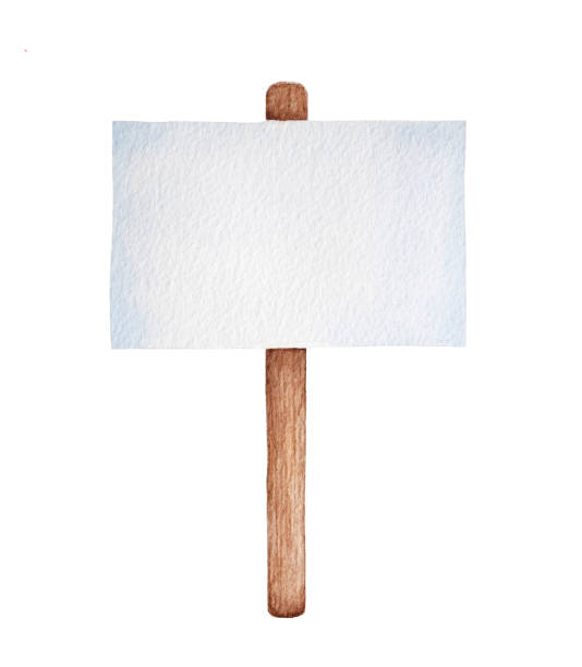 Blank clean paper sheet on brown wooden stick. Template to write any text, message, information. Hand drawn watercolour graphic illustration on white. One single object, front view, rectangle shape. stick plant part stock illustrations