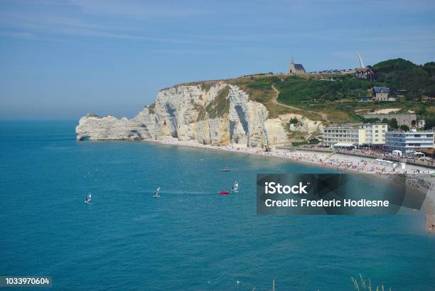 Etretat Beach And Cliffs Normandy France Stock Photo - Download Image Now - English Channel, Swimming, Bay of Water