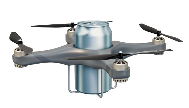 istock Delivery drone with drink metal can, 3D rendering isolated on white background 1033971400