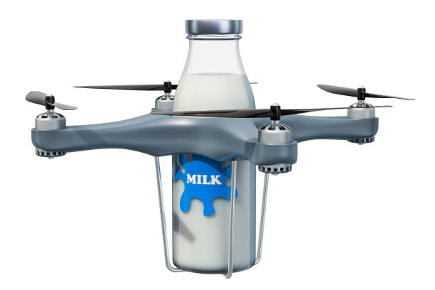 istock Delivery drone with milk bottle, 3D rendering isolated on white background 1033971402