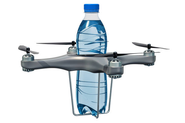 istock Delivery drone with water bottle, 3D rendering isolated on white background 1033971406