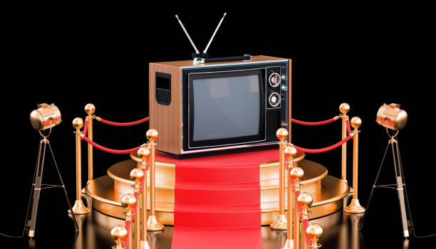 Podium with TV set, 3D rendering isolated on black background